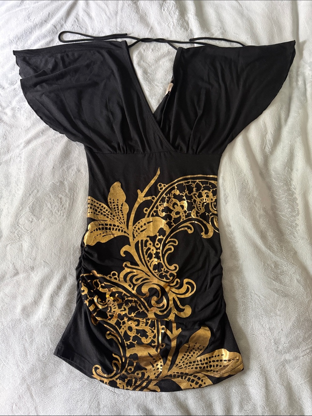 Y2K Black Gold Baroque Ruched Mini Dress Glam Party Dress - Medium